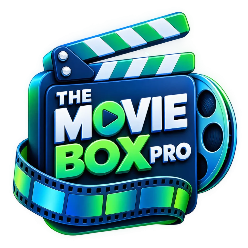 The Movie Box Pro 3D logo with blue and green colors, movie clapperboard, film reel, and play button