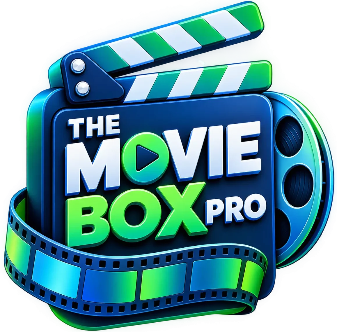 The Movie Box Pro 3D logo with blue and green colors, movie clapperboard, film reel, and play button